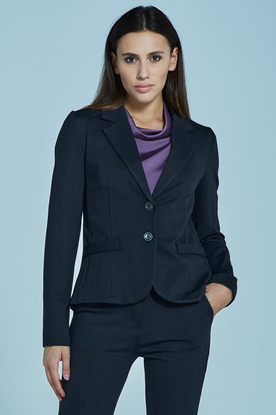 Completi Blue Sand | Blazer Due Bottoni In Punto Milano Stretch