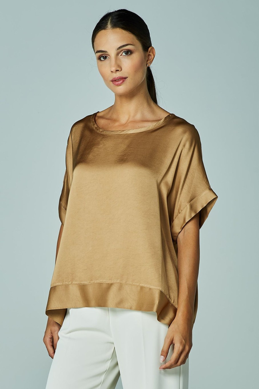 Camicie E Bluse Blue Sand | Blusa Effetto Satin Con Bordi In Raso