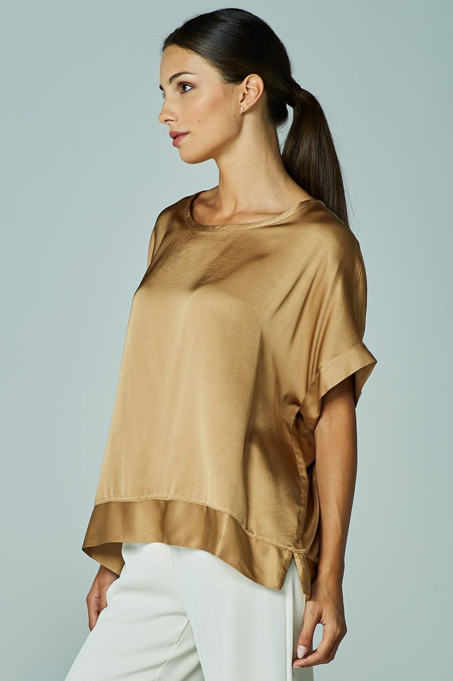 Camicie E Bluse Blue Sand | Blusa Effetto Satin Con Bordi In Raso