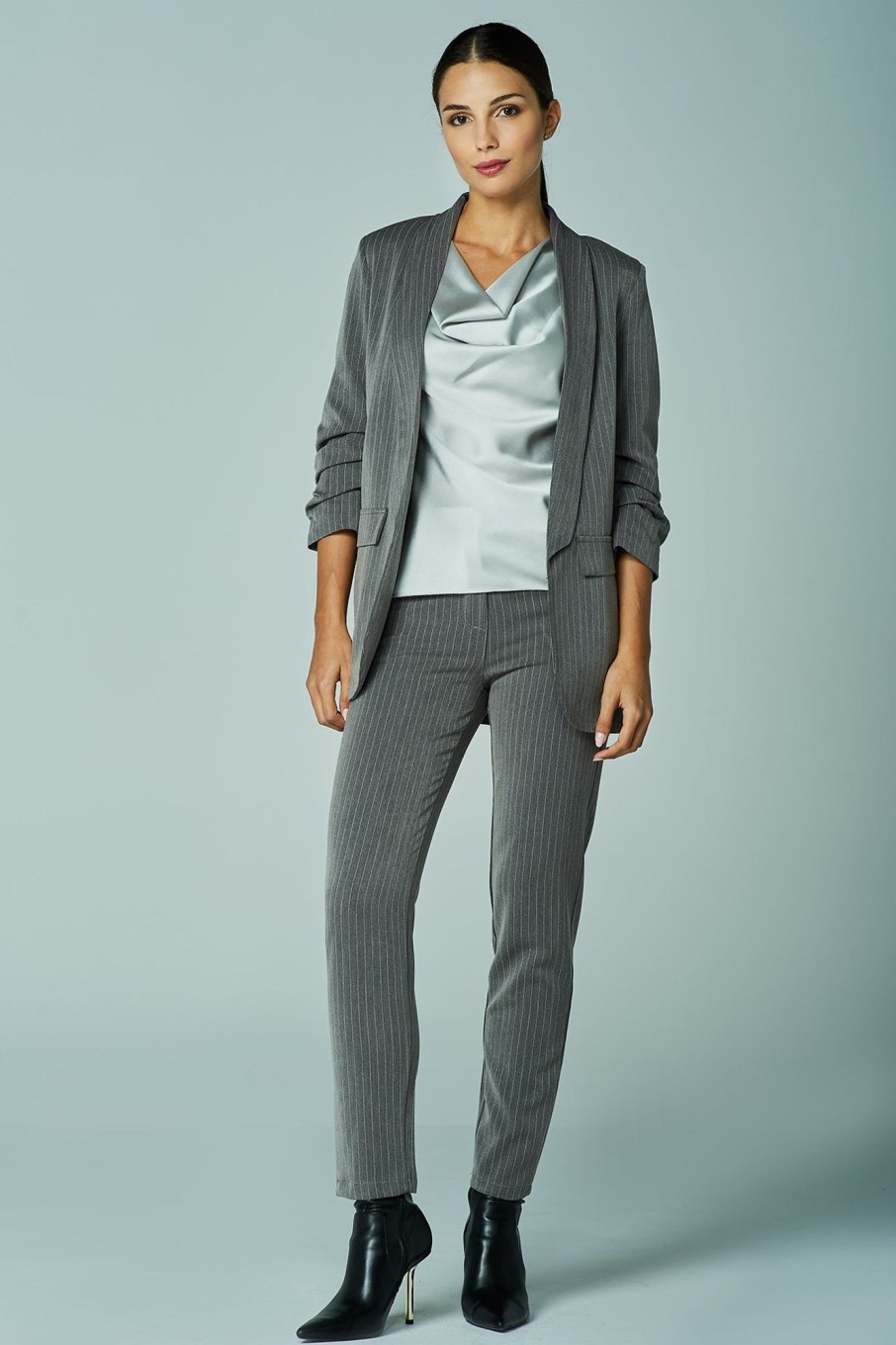 Cappotti E Giacche Blue Sand | Blazer Gessato Con Manica Arricciata Grigio