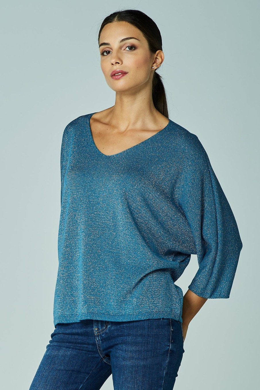 Maglieria Blue Sand | Maglia Scollo A V Con Filo Lurex