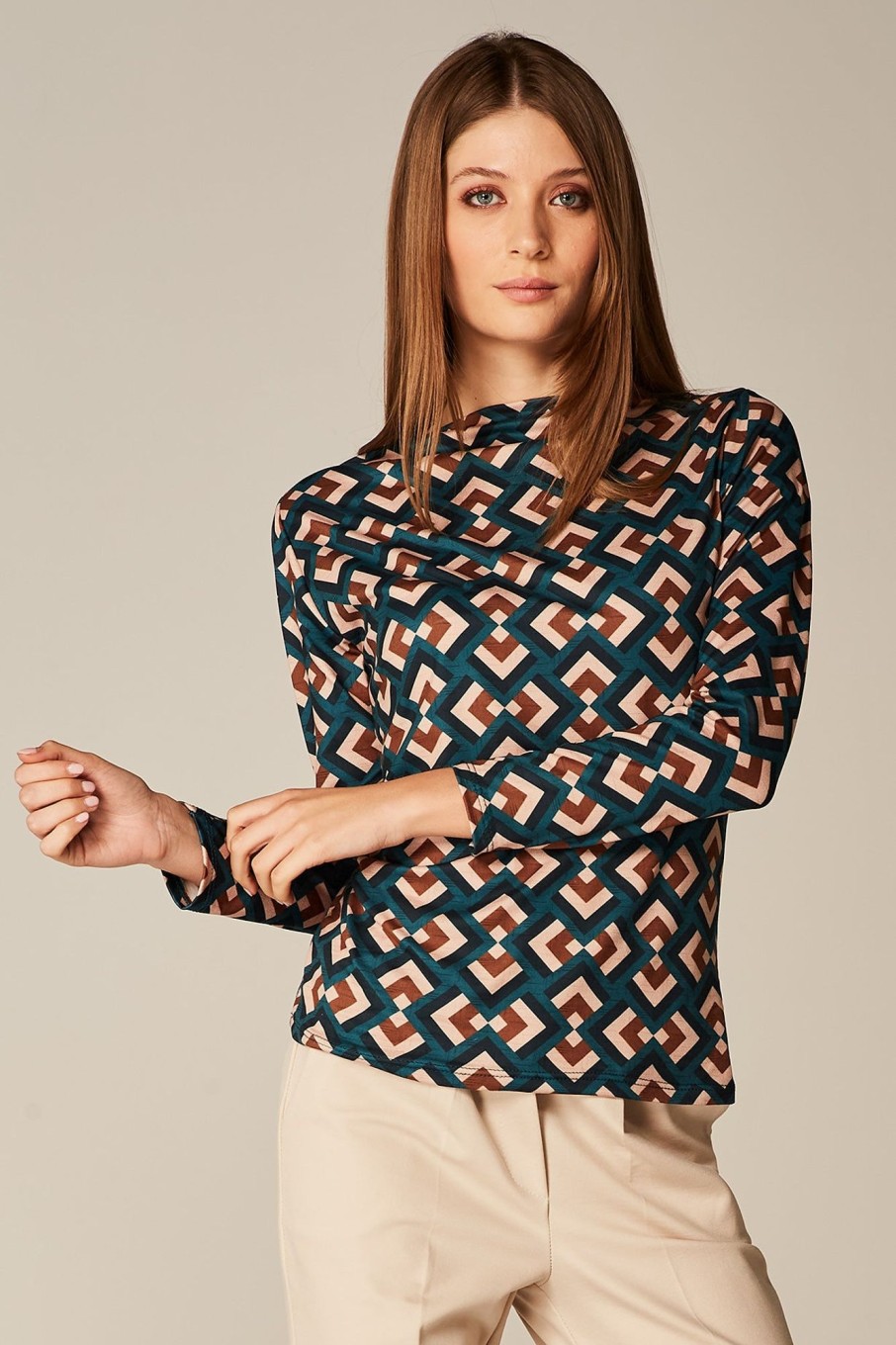 Top E T-Shirt Blue Sand | Maglia Con Scollo Morbido Fantasia Geometrica Ottanio